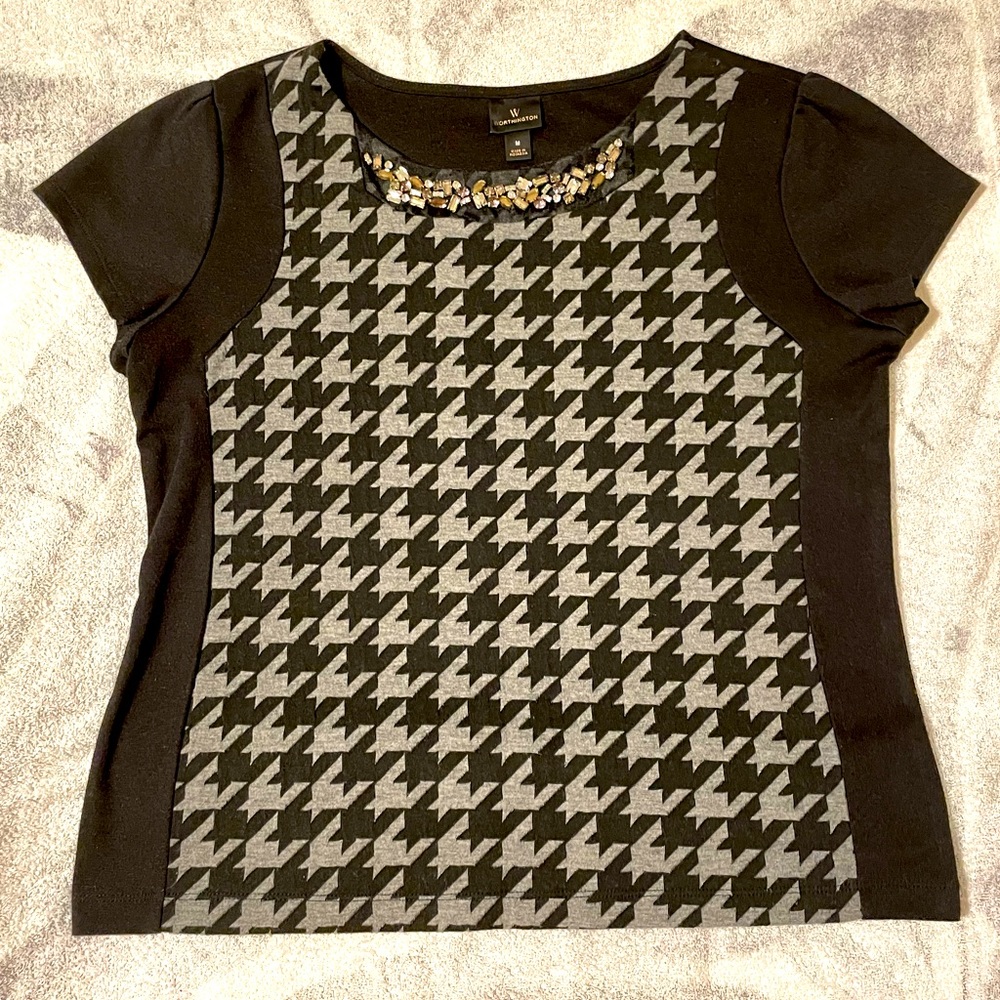 HOUNDSTOOTH BLACK AND GRAY WOMENS TOP